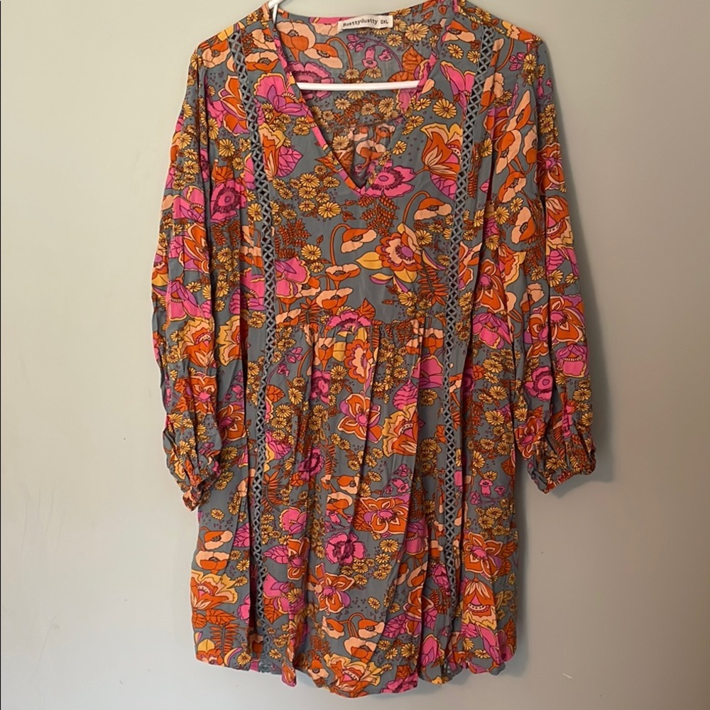 Floral V-Neck Dress - Pink and Orange